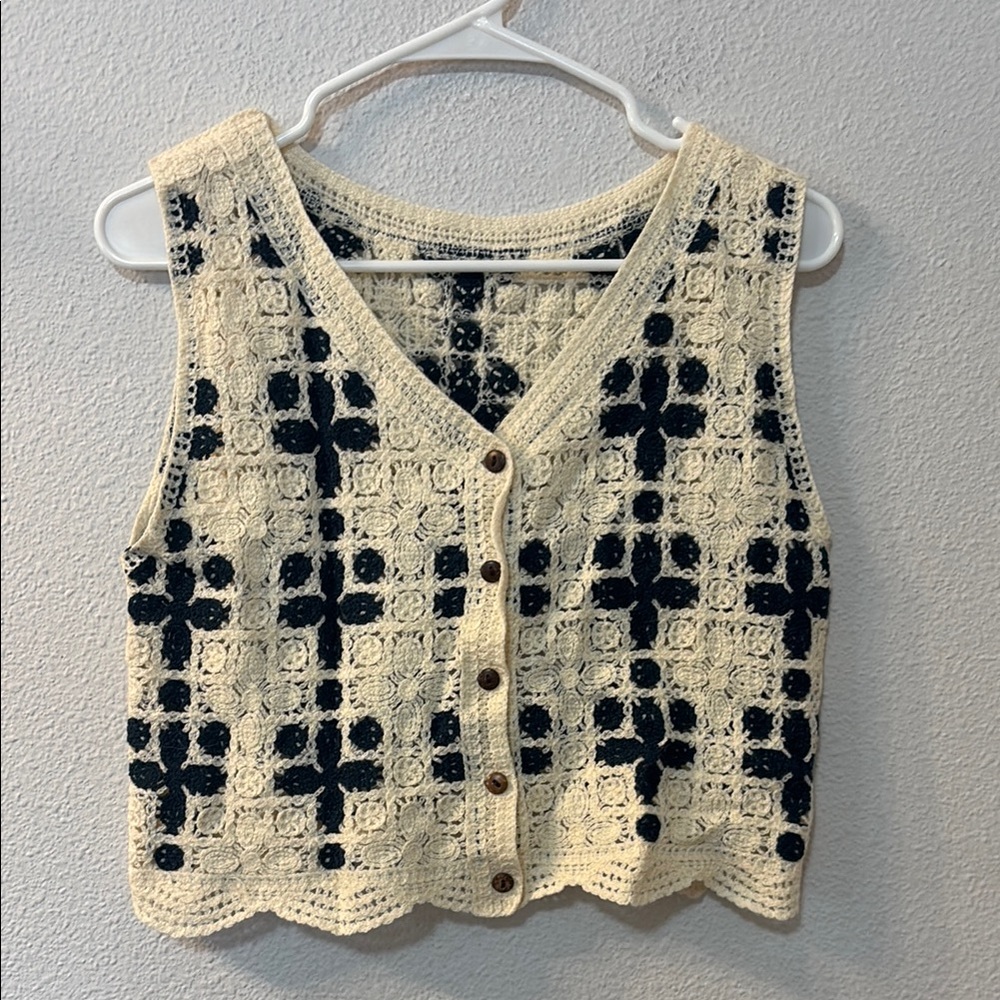 Shein Crochet Button-Up Vest in Cream and Black